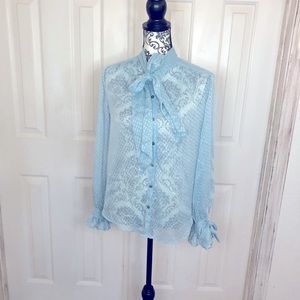 Banana republic blue Swiss dot ruffle sleeve tie neck detail blouse